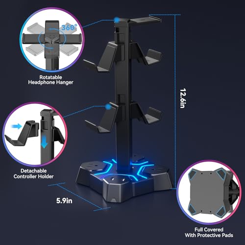 RGB Headphone & Controller Stand with USB Charging Ports