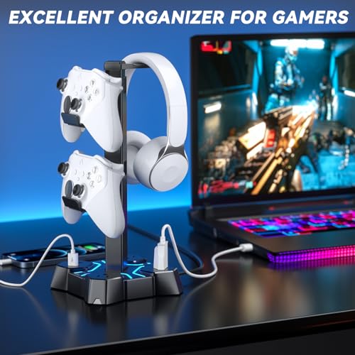 RGB Headphone & Controller Stand with USB Charging Ports