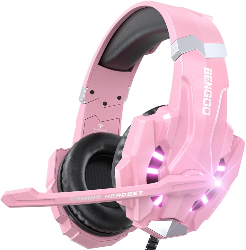 BENGOO G9000 Stereo Gaming Headset for PS4 PC Xbox One PS5 Controller, Noise Cancelling Over Ear Headphones with Mic, LED Light, 7.1 Surround Sound, Soft Memory Earmuffs