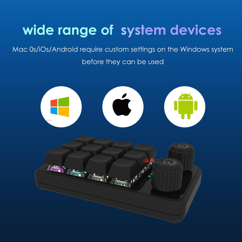 LUKCOZMO Macro Pad,12-Key Programmable Keypad with Knob & BT RGB, One Handed Mini Mechanical Gaming Keyboard, Software in USB Flash Drive for OSU, Wireless Receiver & Type C Cable