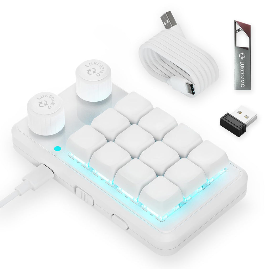 LUKCOZMO Macro Pad,12-Key Programmable Keypad with Knob & BT RGB, One Handed Mini Mechanical Gaming Keyboard, Software in USB Flash Drive for OSU, Wireless Receiver & Type C Cable