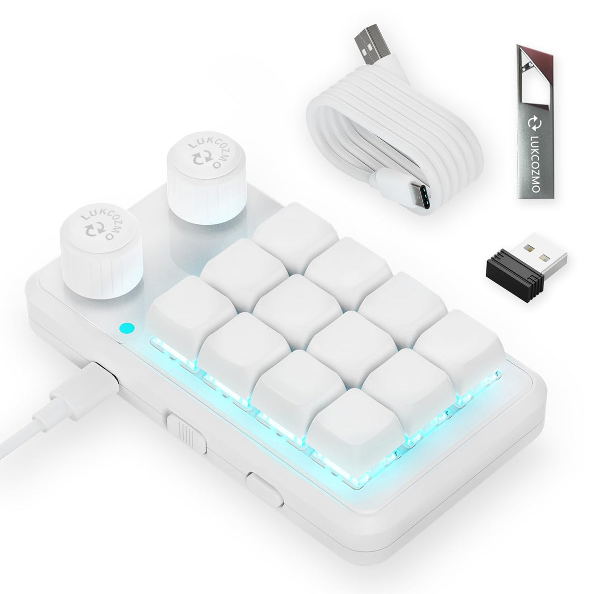LUKCOZMO Macro Pad,12-Key Programmable Keypad with Knob & BT RGB, One Handed Mini Mechanical Gaming Keyboard, Software in USB Flash Drive for OSU, Wireless Receiver & Type C Cable