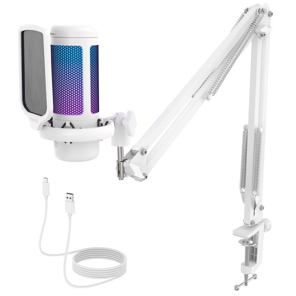 TONOR Gaming Microphone Arm Set, RGB Condenser Mic with Boom Arm, Quick Mute, Adjustable RGB Brightness, Pop Filter, Shock Mount, Gain Control for Streaming