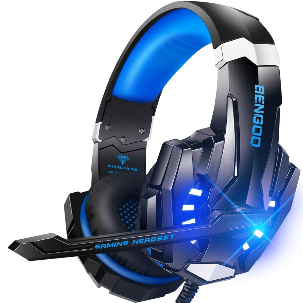 BENGOO G9000 Stereo Gaming Headset for PS4 PC Xbox One PS5 Controller, Noise Cancelling Over Ear Headphones with Mic, LED Light, 7.1 Surround Sound, Soft Memory Earmuffs