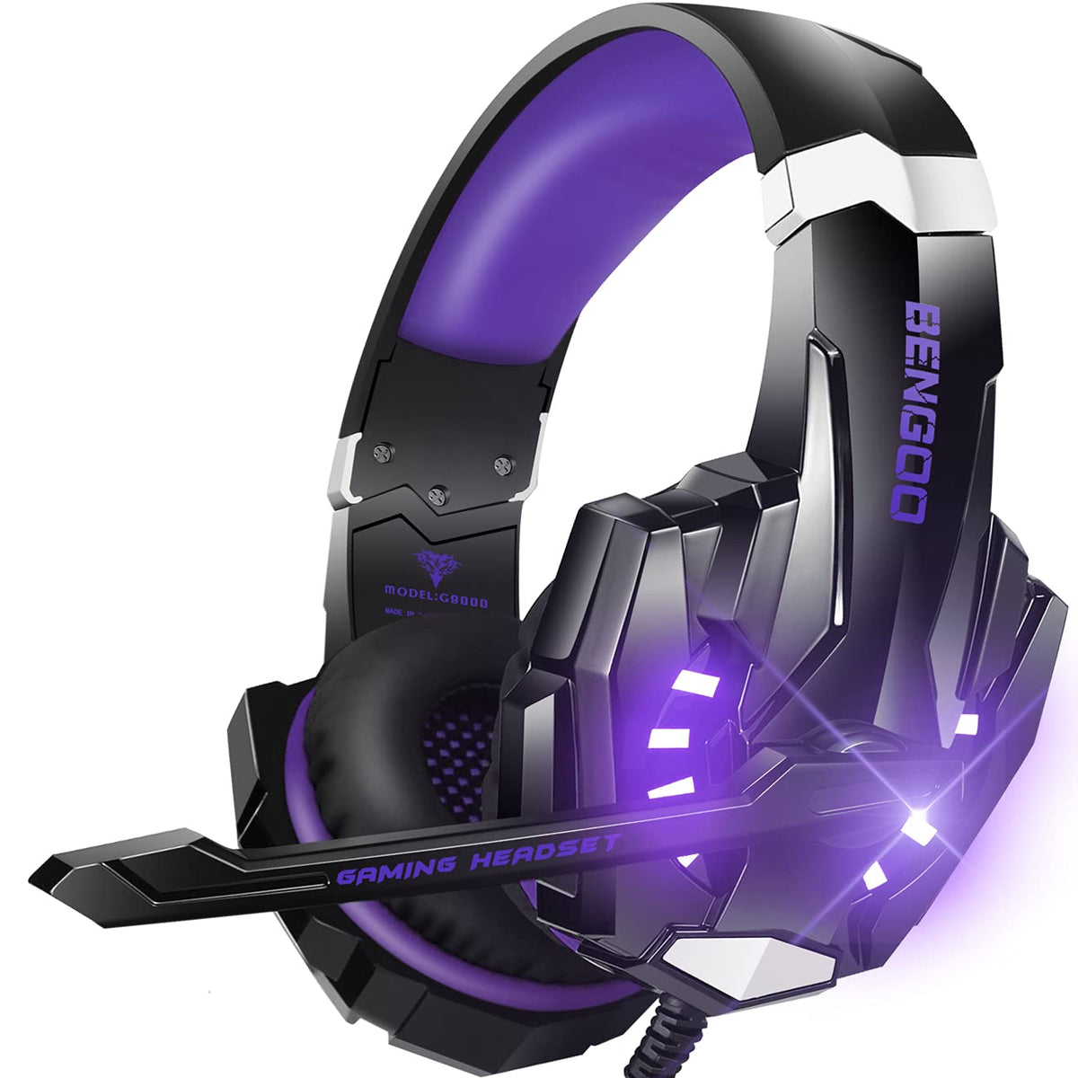 BENGOO G9000 Stereo Gaming Headset for PS4 PC Xbox One PS5 Controller, Noise Cancelling Over Ear Headphones with Mic, LED Light, 7.1 Surround Sound, Soft Memory Earmuffs