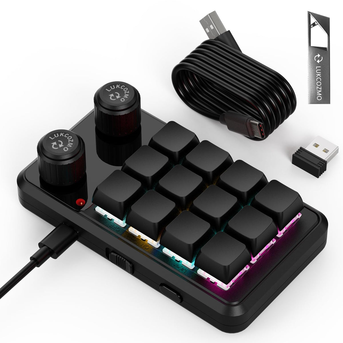 LUKCOZMO Macro Pad,12-Key Programmable Keypad with Knob & BT RGB, One Handed Mini Mechanical Gaming Keyboard, Software in USB Flash Drive for OSU, Wireless Receiver & Type C Cable