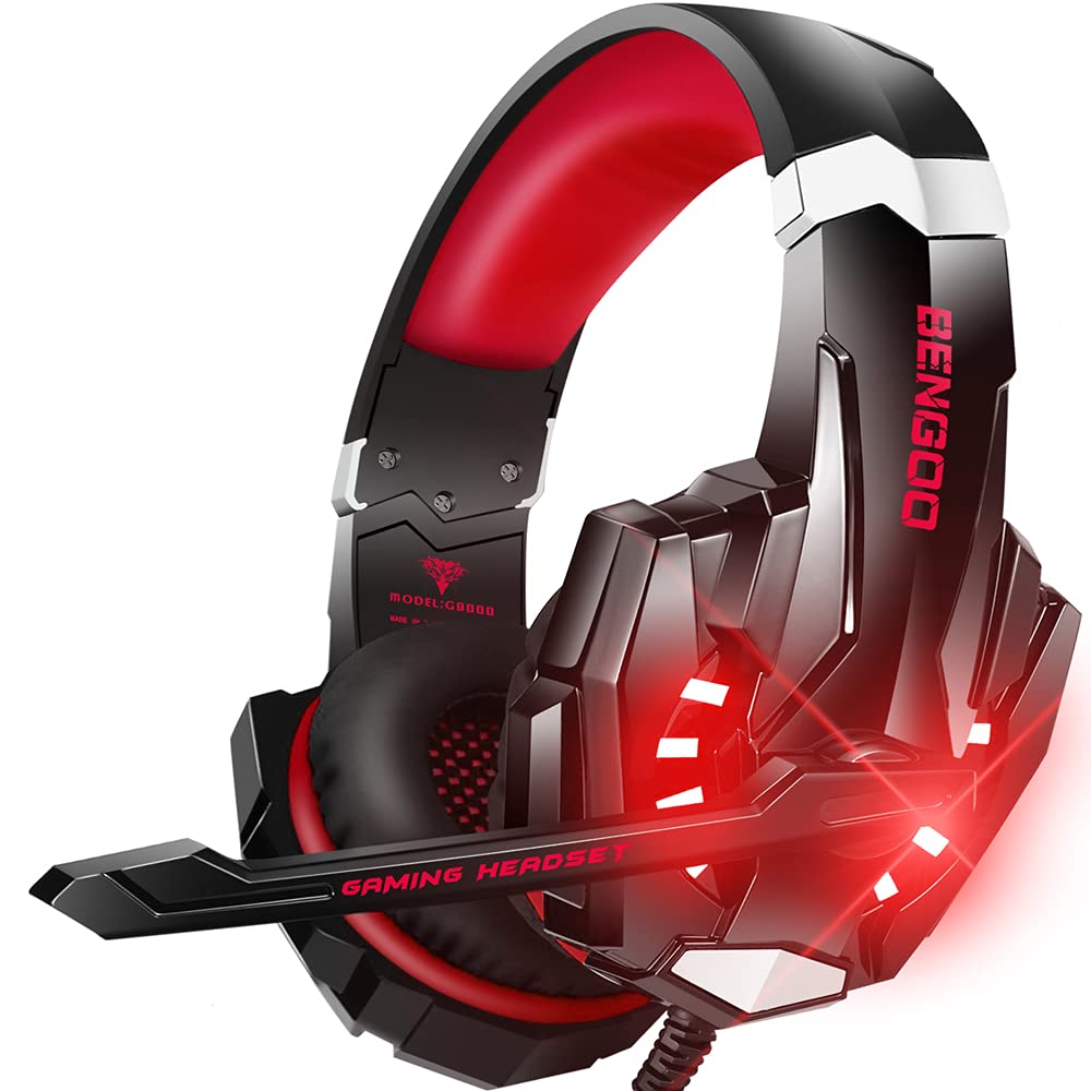 BENGOO G9000 Stereo Gaming Headset for PS4 PC Xbox One PS5 Controller, Noise Cancelling Over Ear Headphones with Mic, LED Light, 7.1 Surround Sound, Soft Memory Earmuffs