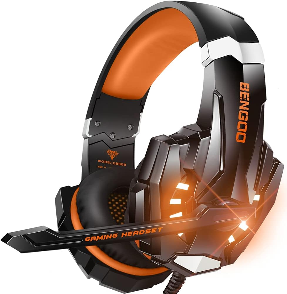 BENGOO G9000 Stereo Gaming Headset for PS4 PC Xbox One PS5 Controller, Noise Cancelling Over Ear Headphones with Mic, LED Light, 7.1 Surround Sound, Soft Memory Earmuffs