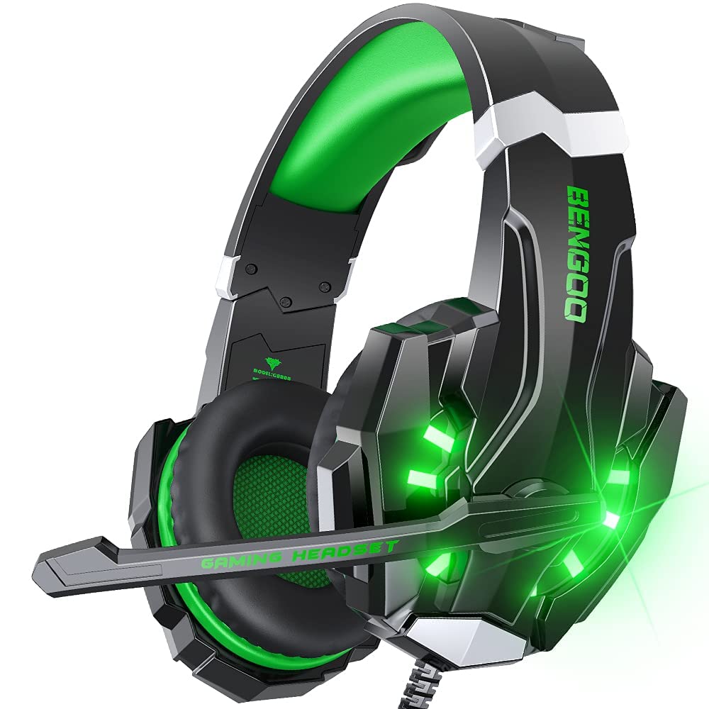 BENGOO G9000 Stereo Gaming Headset for PS4 PC Xbox One PS5 Controller, Noise Cancelling Over Ear Headphones with Mic, LED Light, 7.1 Surround Sound, Soft Memory Earmuffs