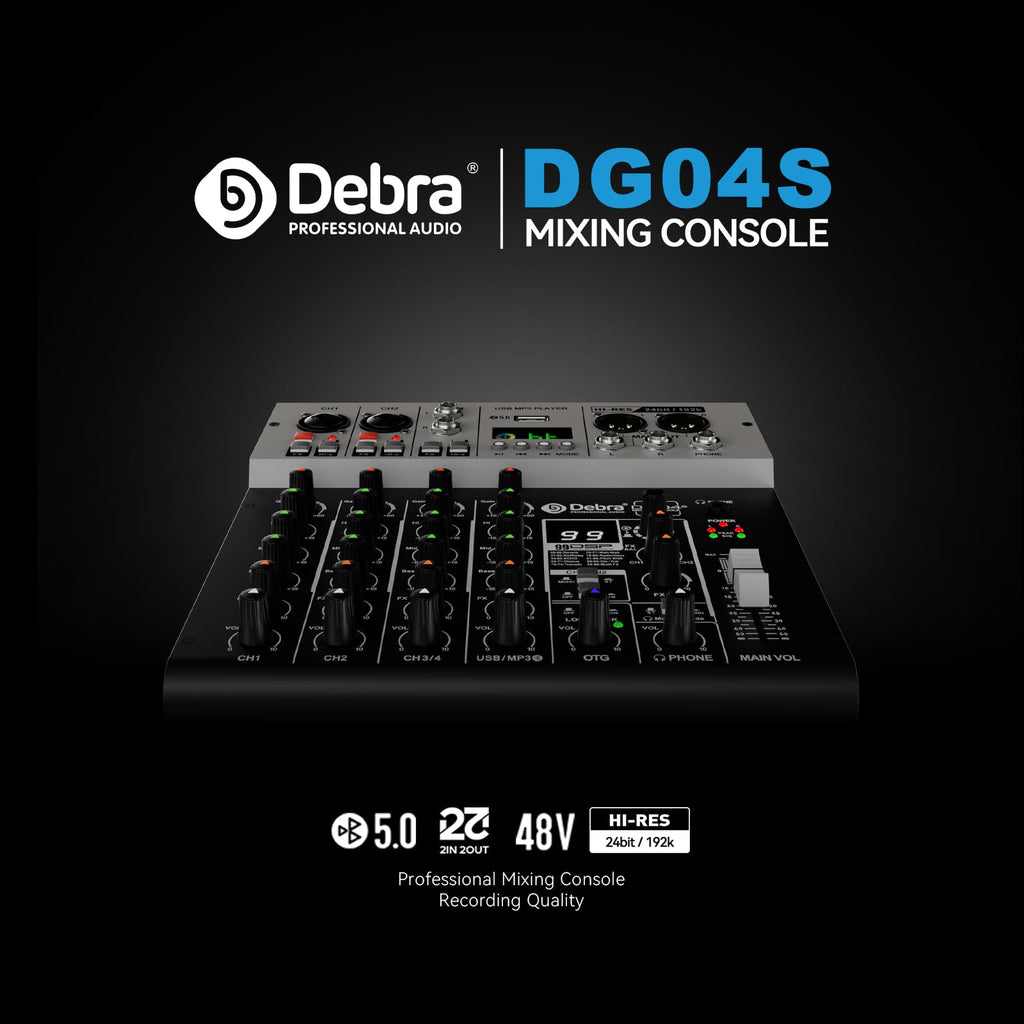 Debra Pro Audio Mixer Sound Card, 2-In/2-Out 24-Bit/192kHz Hi-Res Recording, 4-Channel Mixer with DSP Reverb, BT 5.0, USB-C OTG for iPhone, PC, Mac & Smartphones