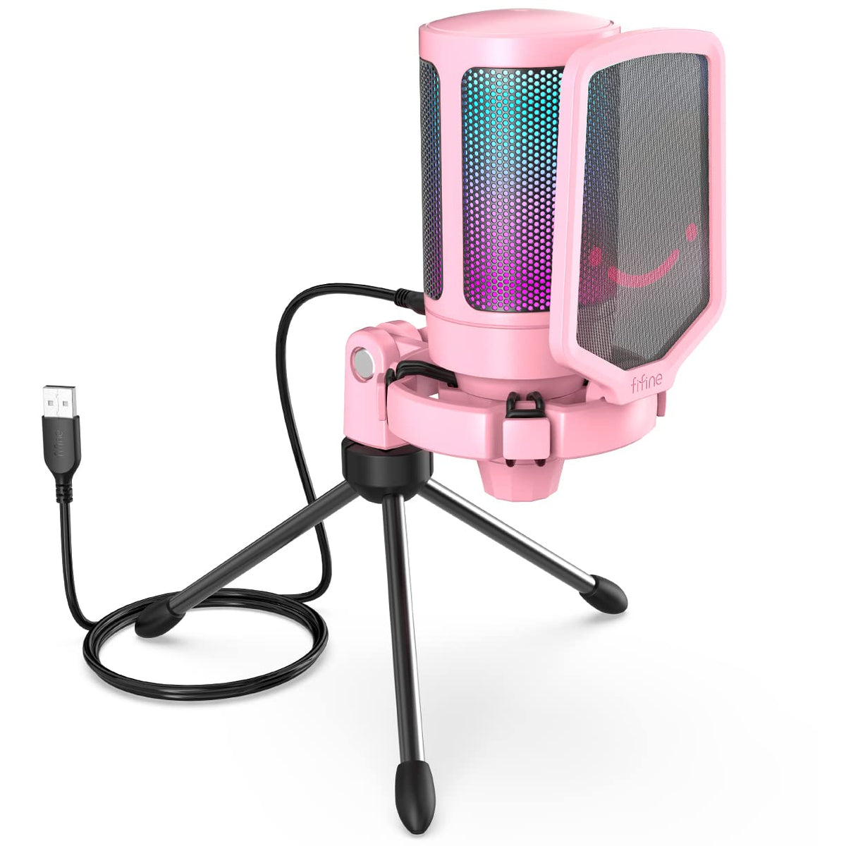 FIFINE Gaming USB Microphone for PC PS5, Condenser Mic with Quick Mute, RGB Indicator, Tripod Stand, Pop Filter, Shock Mount, Gain Control for Streaming Discord Twitch Podcasts Videos- AmpliGame