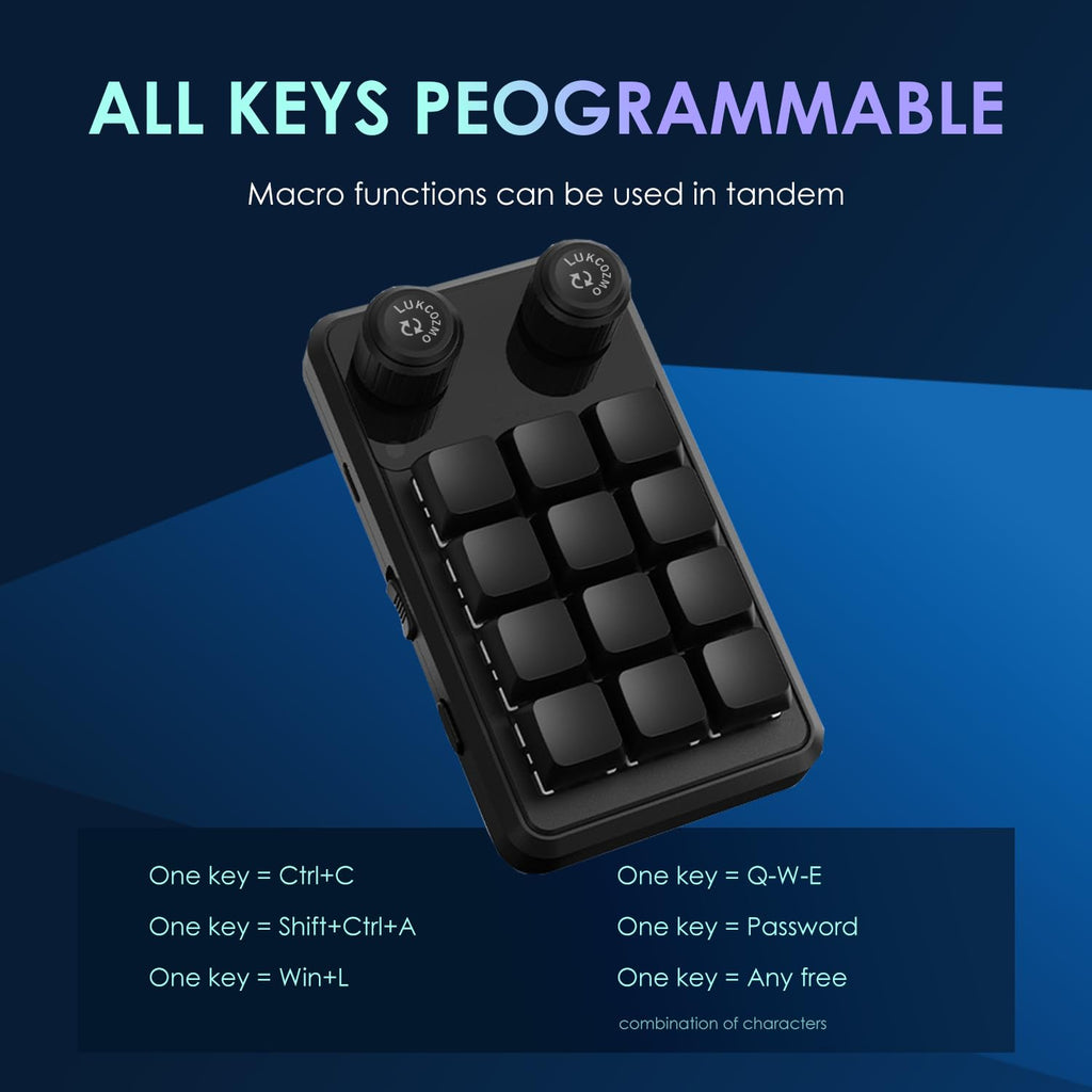 LUKCOZMO Macro Pad,12-Key Programmable Keypad with Knob & BT RGB, One Handed Mini Mechanical Gaming Keyboard, Software in USB Flash Drive for OSU, Wireless Receiver & Type C Cable