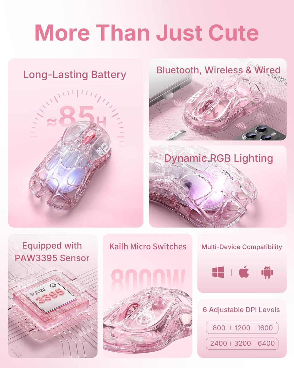 GravaStar Mercury M2 Wireless Gaming Mouse with 26,000 DPI, PAW3395DM Sensor -79g Lightweight Hollowed-Out Design -5 Programmable Buttons -5 Dynamic Lightsync RGB
