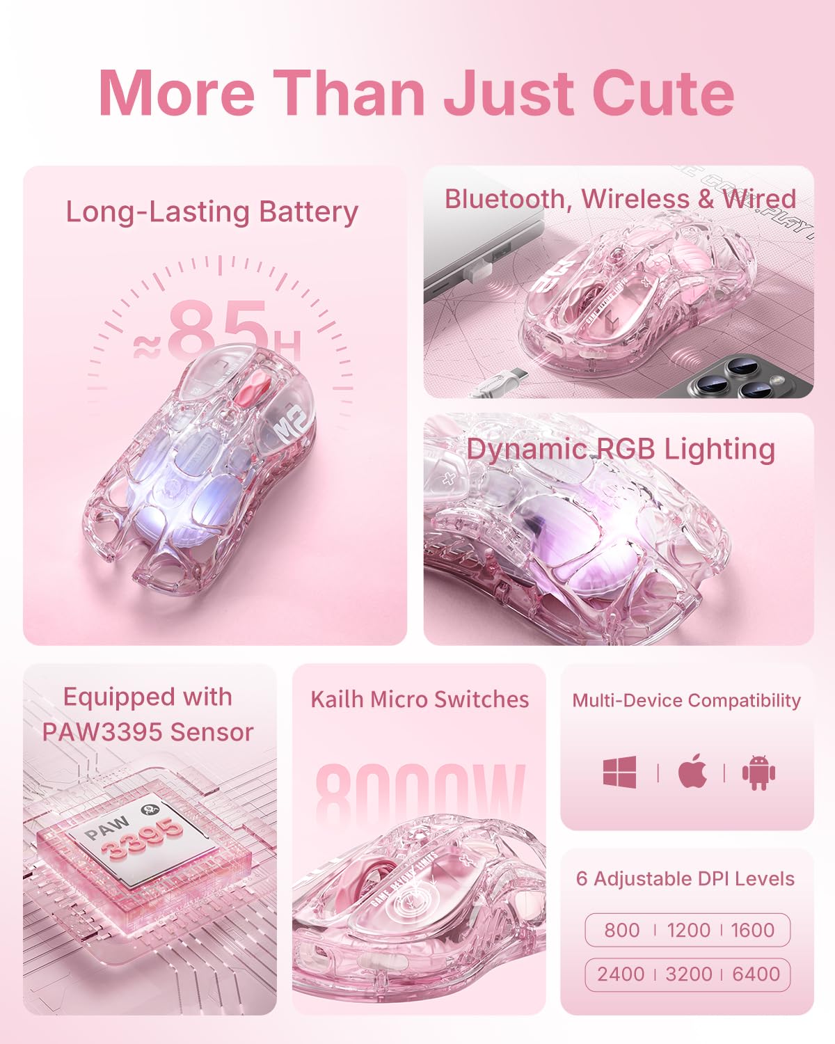 GravaStar Mercury M2 Wireless Gaming Mouse with 26,000 DPI, PAW3395DM Sensor -79g Lightweight Hollowed-Out Design -5 Programmable Buttons -5 Dynamic Lightsync RGB