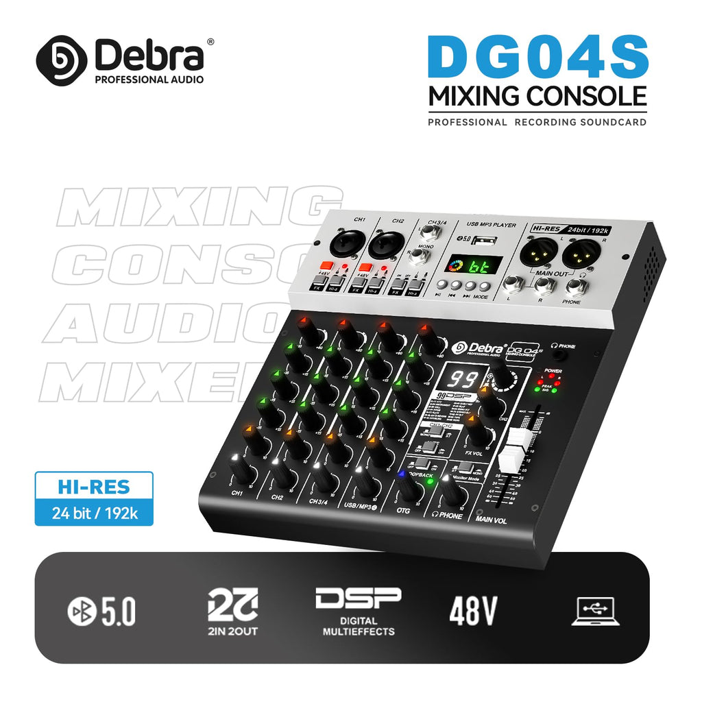 Debra Pro Audio Mixer Sound Card, 2-In/2-Out 24-Bit/192kHz Hi-Res Recording, 4-Channel Mixer with DSP Reverb, BT 5.0, USB-C OTG for iPhone, PC, Mac & Smartphones