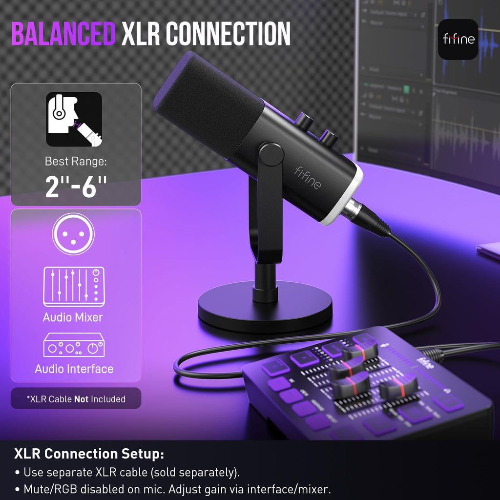 FIFINE XLR/USB Dynamic Microphone for Podcast Recording, PC Computer Gaming Streaming Mic with RGB Light, Mute Button, Headphones Jack, Desktop Stand, Vocal Mic for Singing YouTube-AmpliGame AM8
