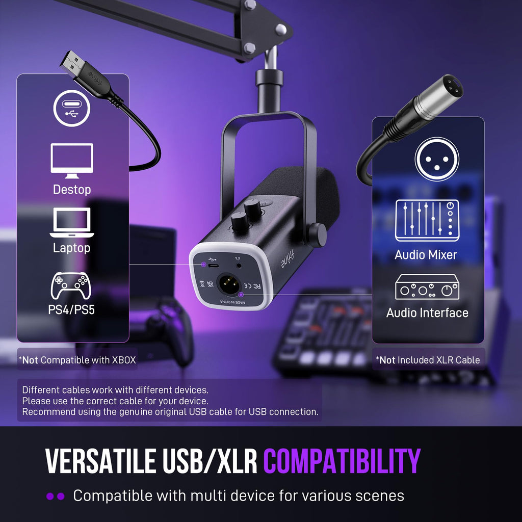 FIFINE XLR/USB Gaming Microphone Set, Dynamic PC Mic for Streaming Podcasting, Computer RGB Mic Kit with Boom Arm Stand, Mute Button, Headphones Jack, for Recording Vocal Voice-Over-AmpliGame AM8T