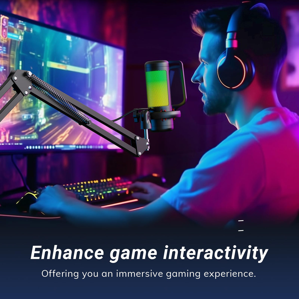 TONOR Gaming Microphone Arm Set, RGB Condenser Mic with Boom Arm, Quick Mute, Adjustable RGB Brightness, Pop Filter, Shock Mount, Gain Control for Streaming