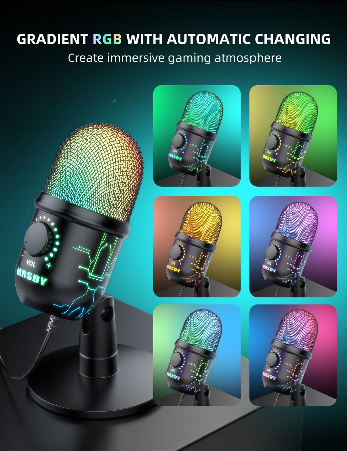 MRSDY USB Gaming Microphone for PC with Noise Reduction, Mute, Gain, RGB