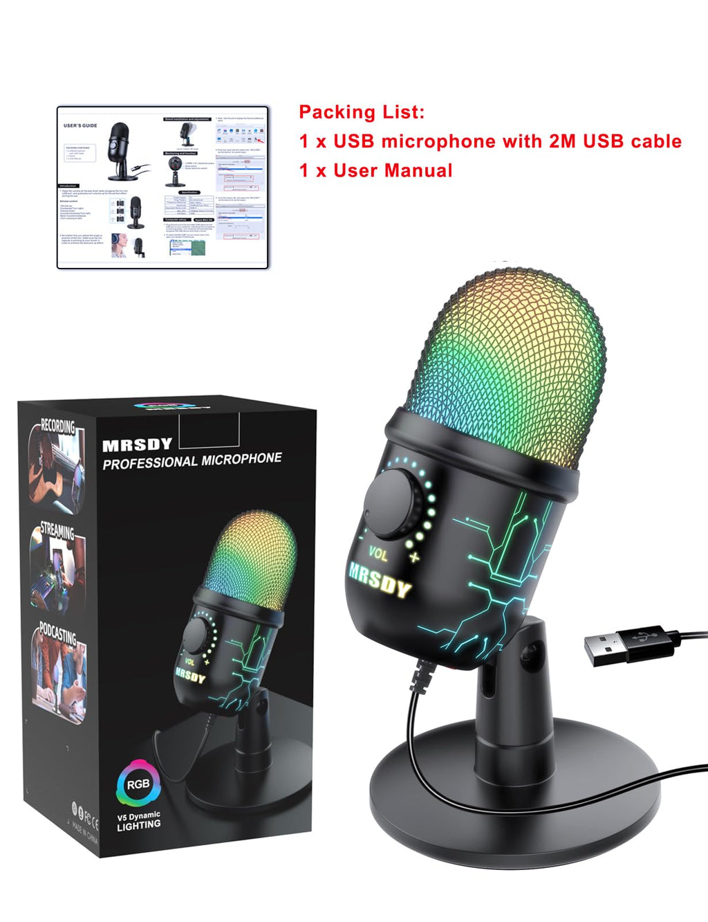 MRSDY USB Gaming Microphone for PC with Noise Reduction, Mute, Gain, RGB