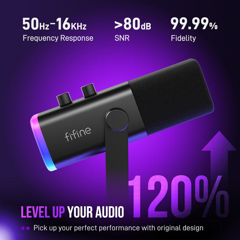 FIFINE XLR/USB Dynamic Microphone for Podcast Recording, PC Computer Gaming Streaming Mic with RGB Light, Mute Button, Headphones Jack, Desktop Stand, Vocal Mic for Singing YouTube-AmpliGame AM8