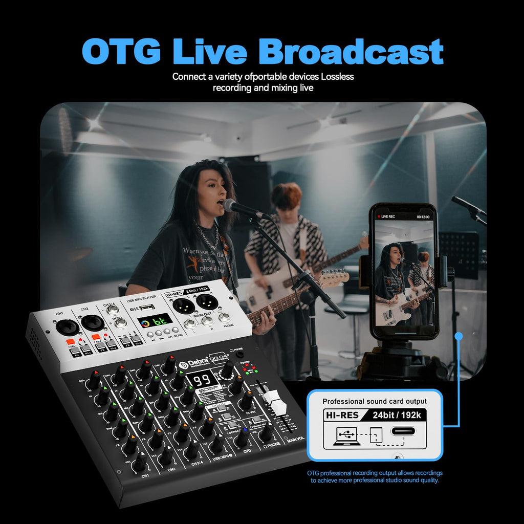 Debra Pro Audio Mixer Sound Card, 2-In/2-Out 24-Bit/192kHz Hi-Res Recording, 4-Channel Mixer with DSP Reverb, BT 5.0, USB-C OTG for iPhone, PC, Mac & Smartphones