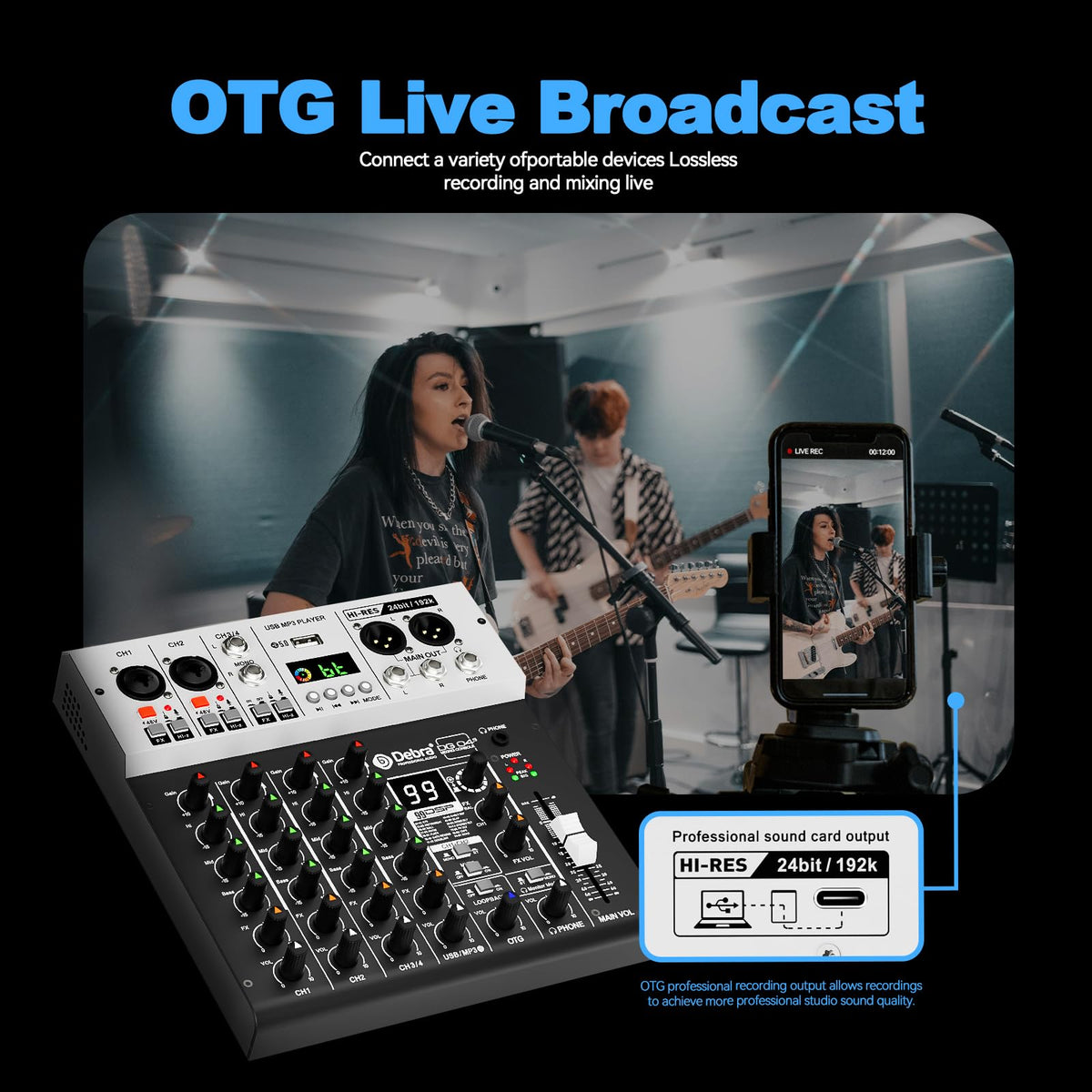 Debra Pro Audio Mixer Sound Card, 2-In/2-Out 24-Bit/192kHz Hi-Res Recording, 4-Channel Mixer with DSP Reverb, BT 5.0, USB-C OTG for iPhone, PC, Mac & Smartphones