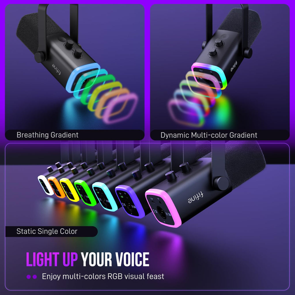 FIFINE XLR/USB Dynamic Microphone for Podcast Recording, PC Computer Gaming Streaming Mic with RGB Light, Mute Button, Headphones Jack, Desktop Stand, Vocal Mic for Singing YouTube-AmpliGame AM8