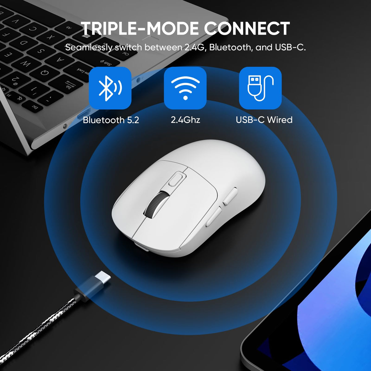 MELOGAGA Wireless Gaming Mouse, 3-Mode Bluetooth/2.4G/USB-C, 8 DPI