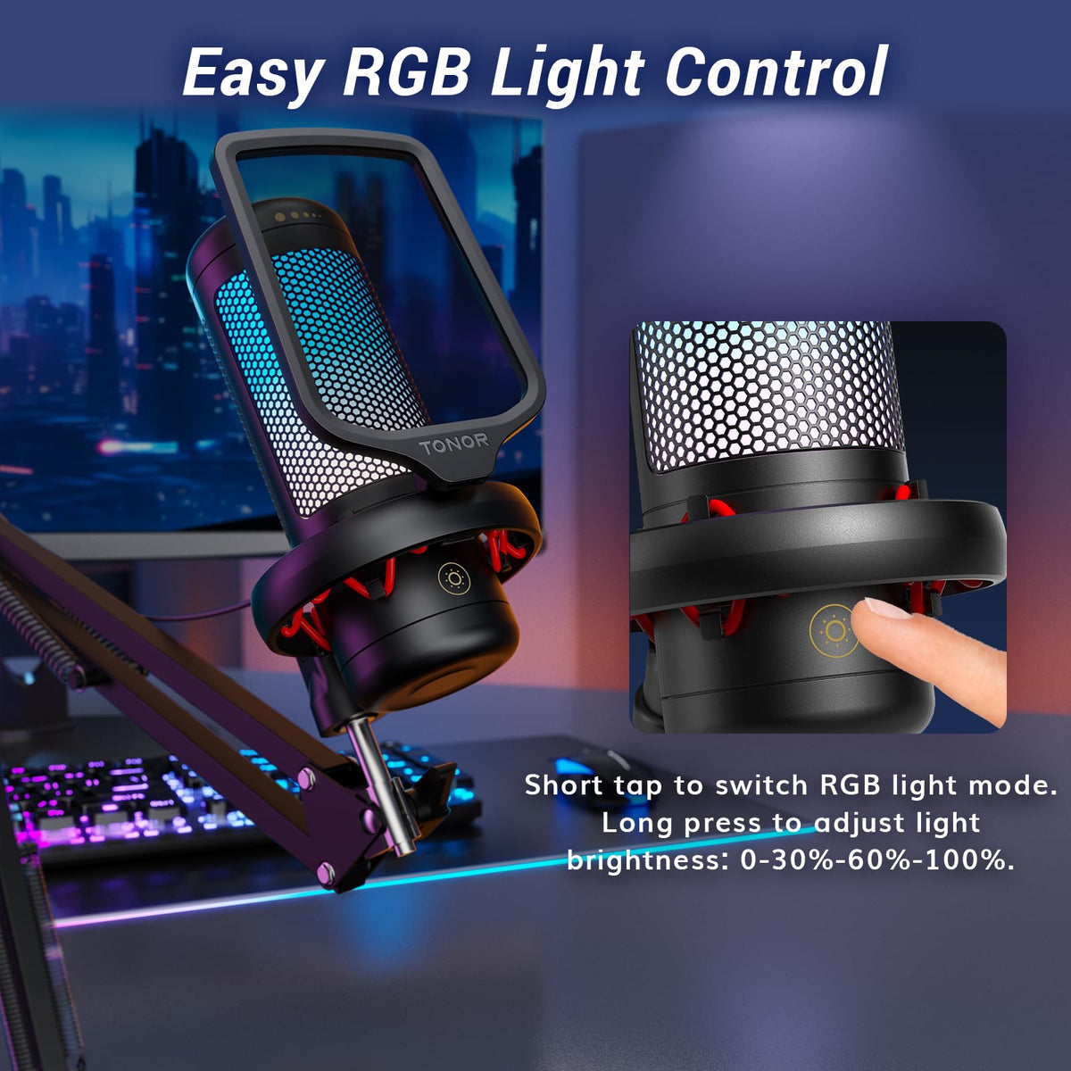 TONOR Gaming Microphone Arm Set, RGB Condenser Mic with Boom Arm, Quick Mute, Adjustable RGB Brightness, Pop Filter, Shock Mount, Gain Control for Streaming