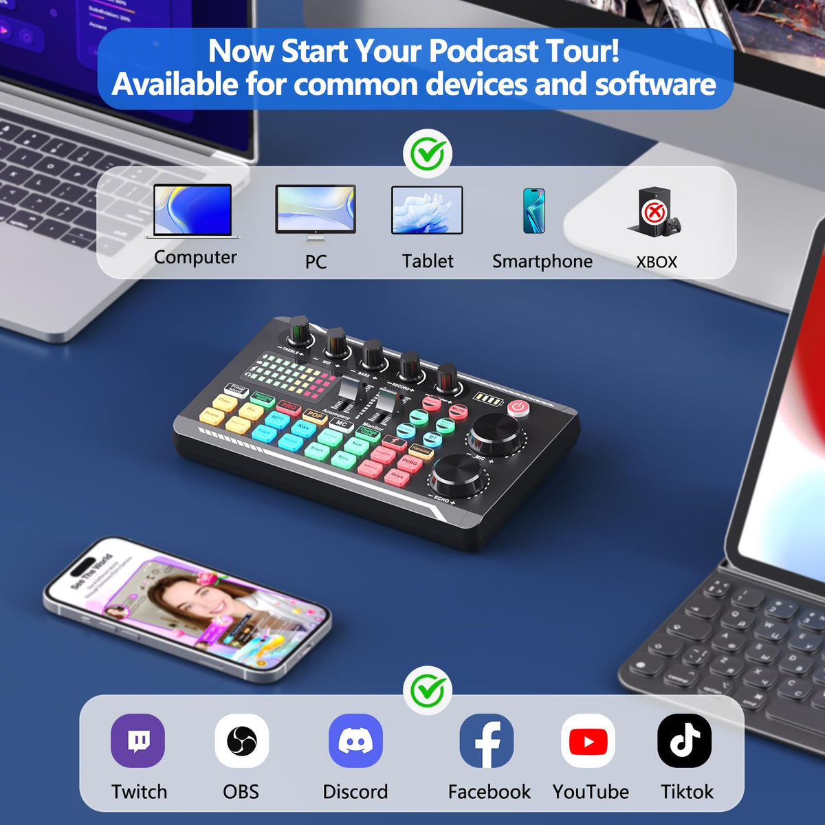 Podcast Equipment, SINWE Live Sound Card and Audio Interface with DJ Mixer Effects and Voice Changer, Prefect for Streaming/Podcasting/Gaming