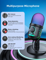 RGB USB Gaming Microphone with Noise Reduction, Mute & Gain