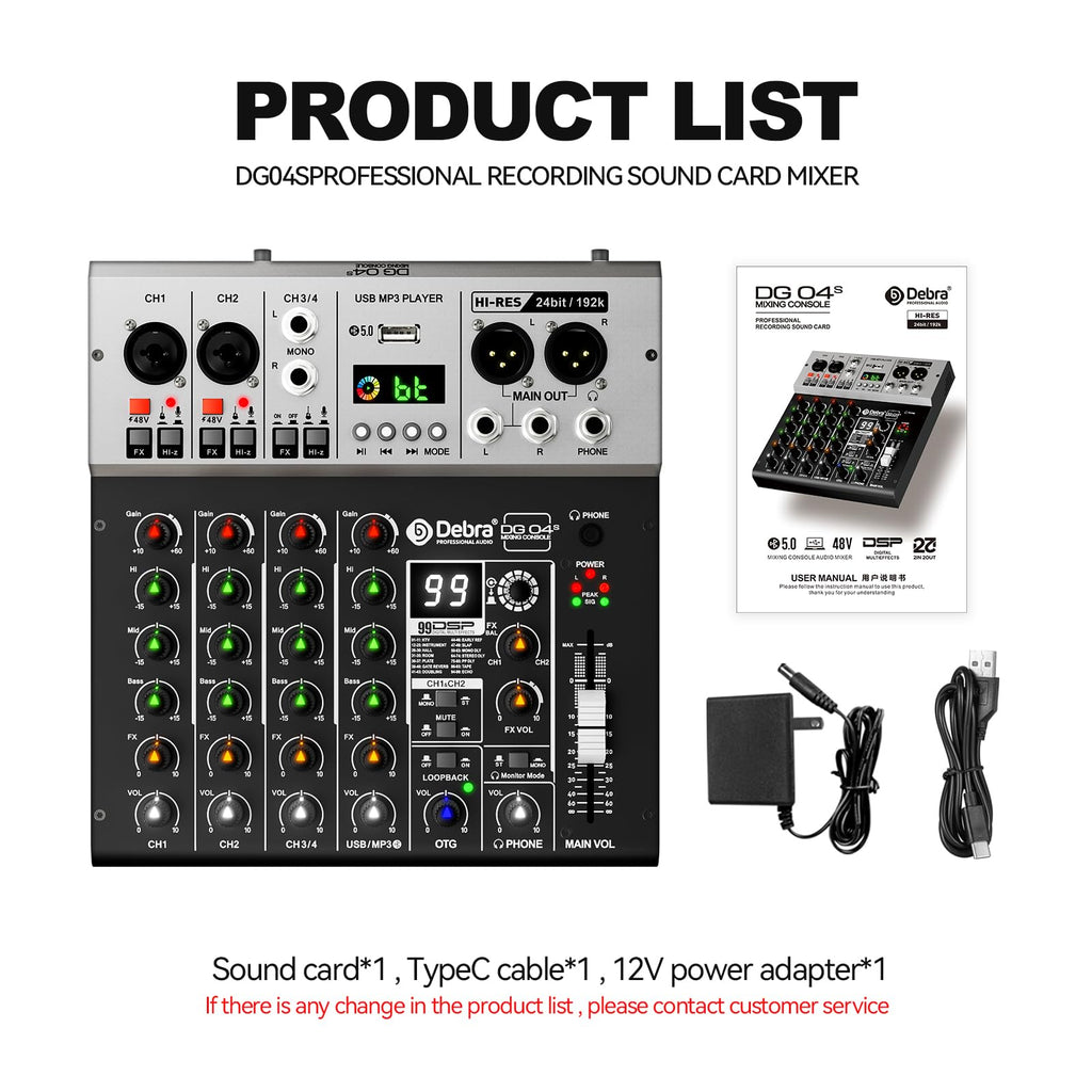 Debra Pro Audio Mixer Sound Card, 2-In/2-Out 24-Bit/192kHz Hi-Res Recording, 4-Channel Mixer with DSP Reverb, BT 5.0, USB-C OTG for iPhone, PC, Mac & Smartphones