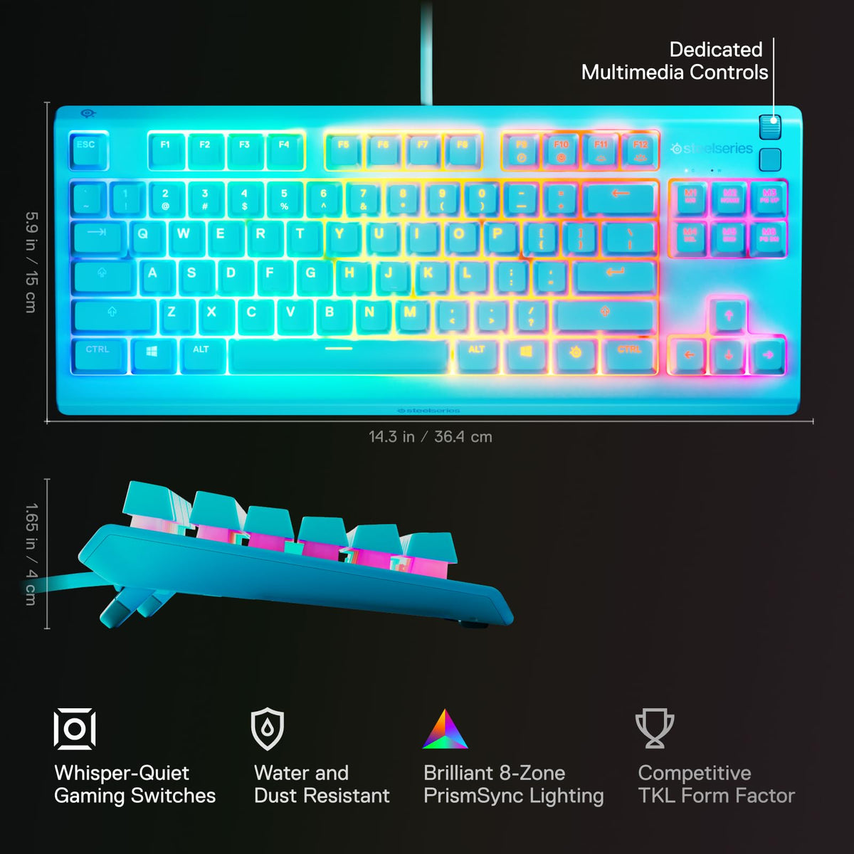 SteelSeries RGB Gaming Keyboard — Tenkeyless Compact Form Factor — 8-Zone RGB Illumination — Water and Dust Resistant — Whisper-Quiet Gaming Switch