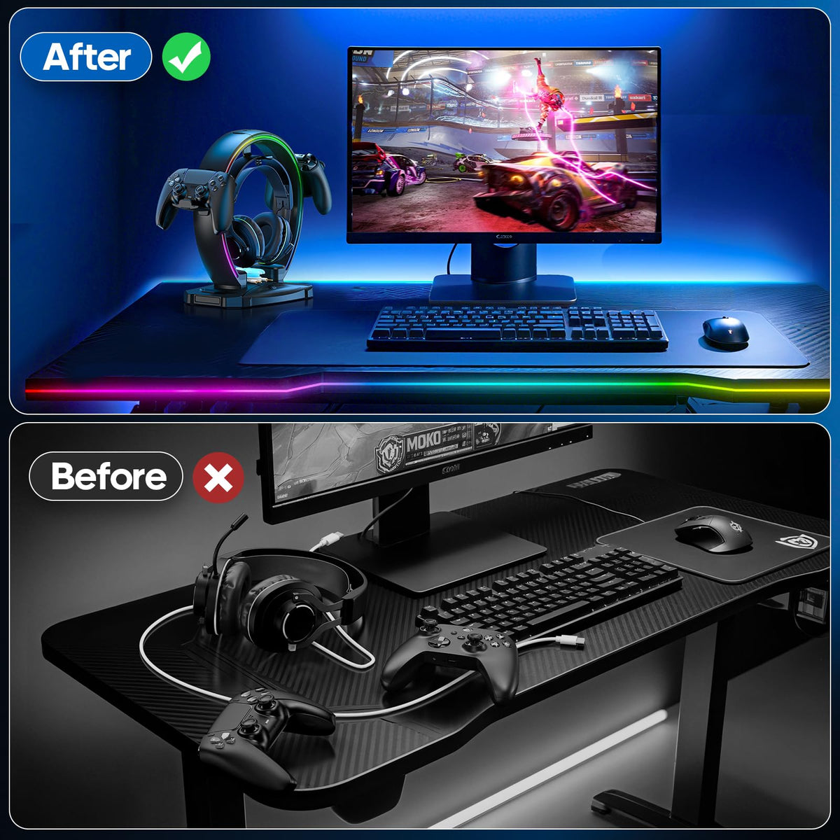 RGB Headphone & Controller Stand with Cable Organizer
