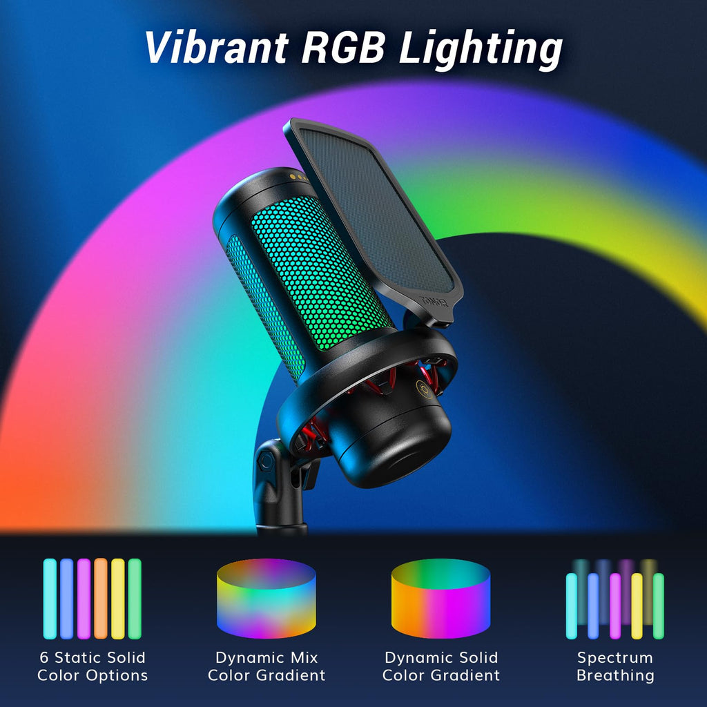TONOR Gaming Microphone Arm Set, RGB Condenser Mic with Boom Arm, Quick Mute, Adjustable RGB Brightness, Pop Filter, Shock Mount, Gain Control for Streaming