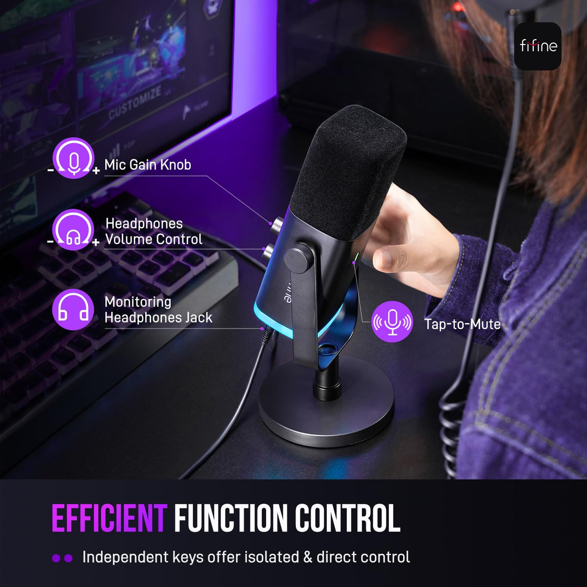 FIFINE XLR/USB Dynamic Microphone for Podcast Recording, PC Computer Gaming Streaming Mic with RGB Light, Mute Button, Headphones Jack, Desktop Stand, Vocal Mic for Singing YouTube-AmpliGame AM8