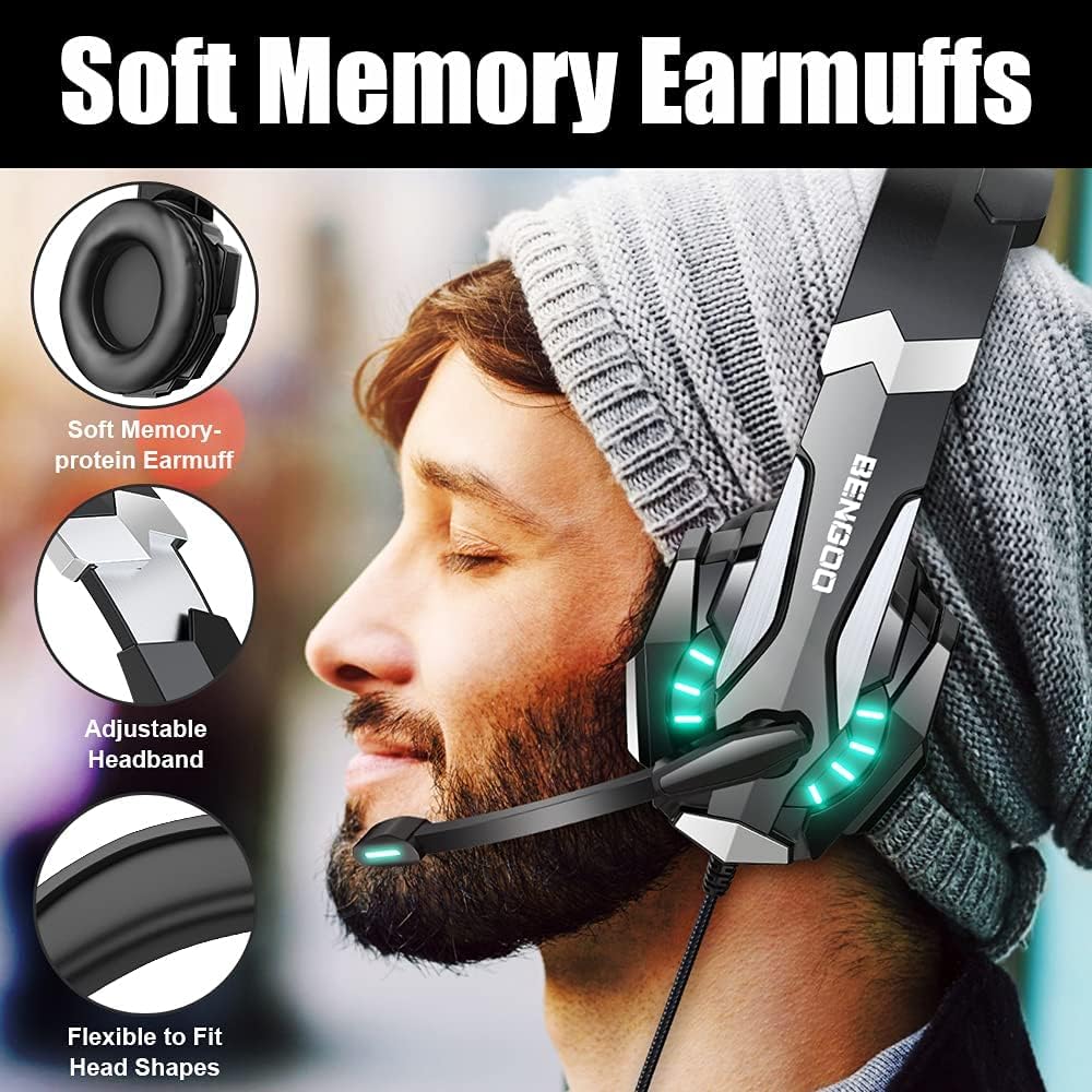 BENGOO G9000 Stereo Gaming Headset for PS4 PC Xbox One PS5 Controller, Noise Cancelling Over Ear Headphones with Mic, LED Light, 7.1 Surround Sound, Soft Memory Earmuffs