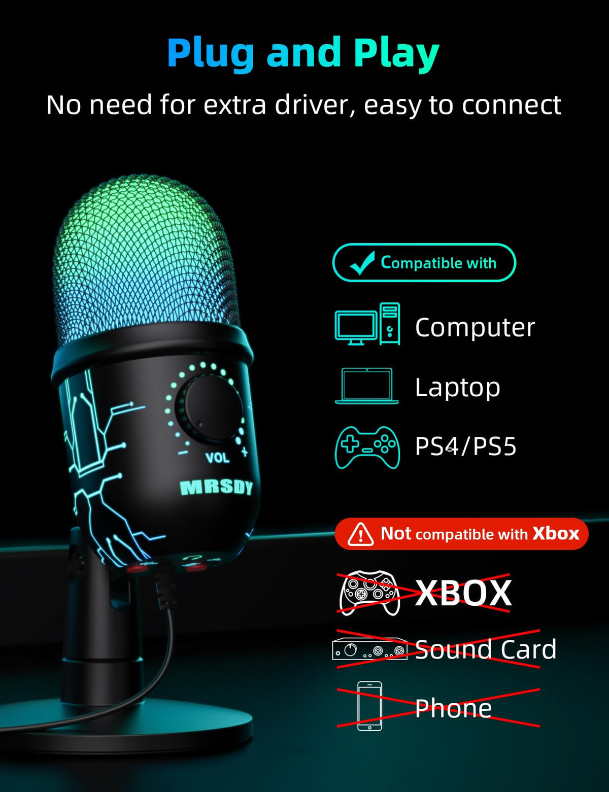 MRSDY USB Gaming Microphone for PC with Noise Reduction, Mute, Gain, RGB