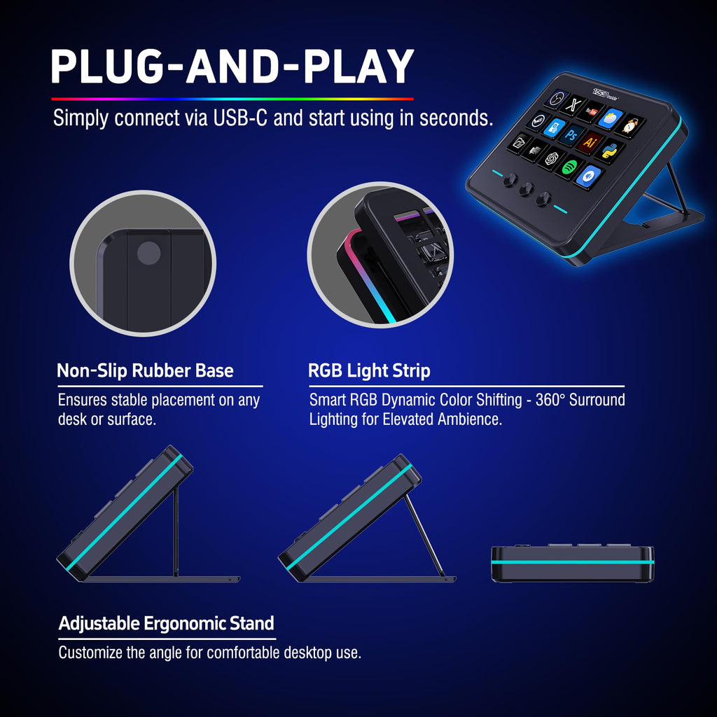 VSDINSIDE Macro Keypad, Stream Controller Deck Gaming Streaming Shortcut Keyboard, 18 Programmable Keys Customizable Visual AI Pad USB Soundboard for OBS, YouTube, Desk Office Setup, Laptop, PC, Mac