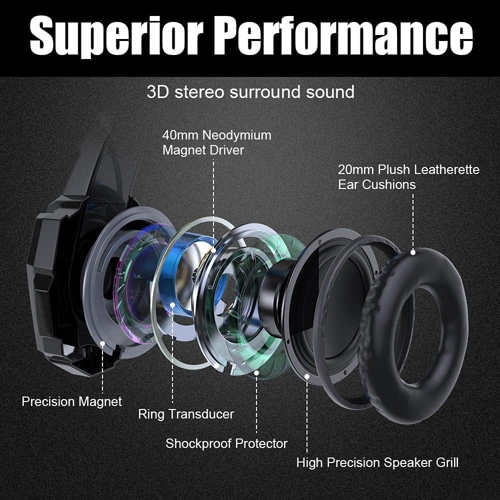 BENGOO G9000 Stereo Gaming Headset for PS4 PC Xbox One PS5 Controller, Noise Cancelling Over Ear Headphones with Mic, LED Light, 7.1 Surround Sound, Soft Memory Earmuffs