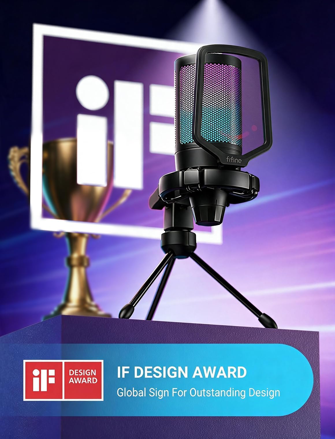 FIFINE Gaming USB Microphone for PC PS5, Condenser Mic with Quick Mute, RGB Indicator, Tripod Stand, Pop Filter, Shock Mount, Gain Control for Streaming Discord Twitch Podcasts Videos- AmpliGame
