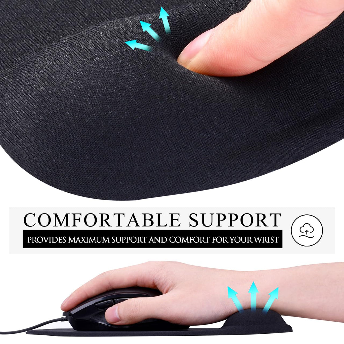 JIKIOU Mouse Pad, 2 Pack Ergonomic Mouse Pads with Comfortable Gel Wrist Rest Support and Lycra Cloth, Non-Slip PU Base for Easy Typing Pain Relief Durable and Easy to Clean Small