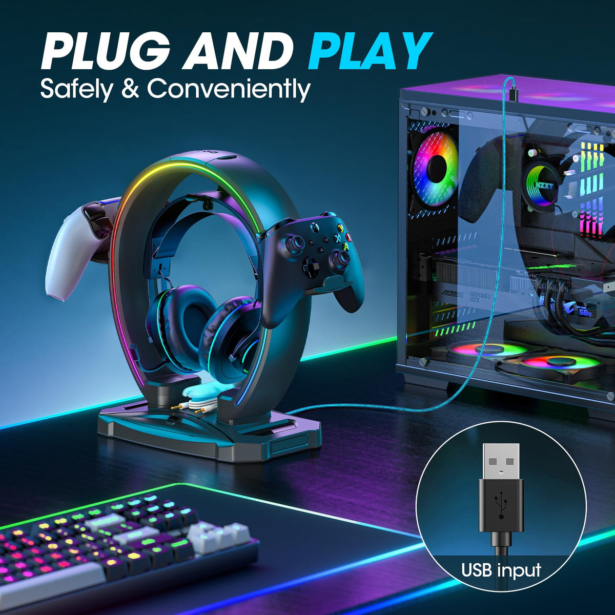 RGB Headphone & Controller Stand with Cable Organizer