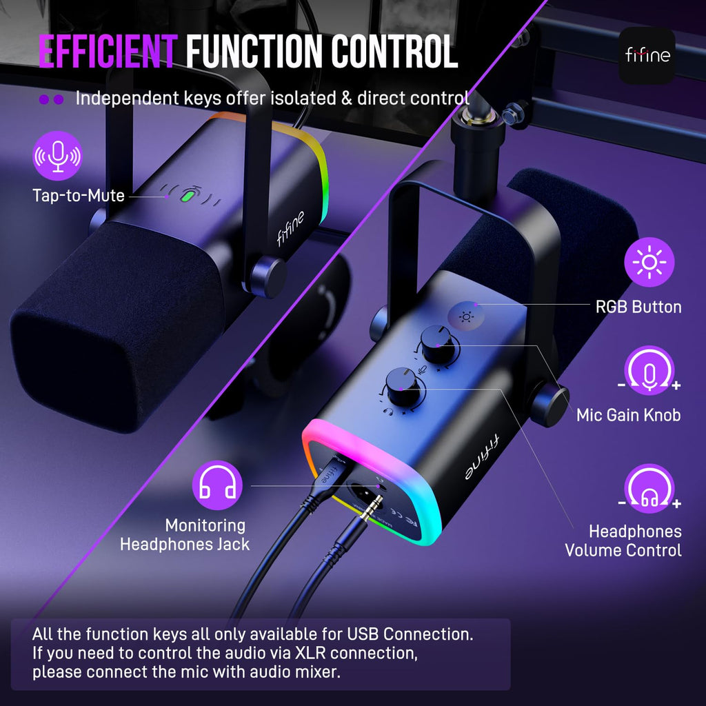 FIFINE XLR/USB Gaming Microphone Set, Dynamic PC Mic for Streaming Podcasting, Computer RGB Mic Kit with Boom Arm Stand, Mute Button, Headphones Jack, for Recording Vocal Voice-Over-AmpliGame AM8T