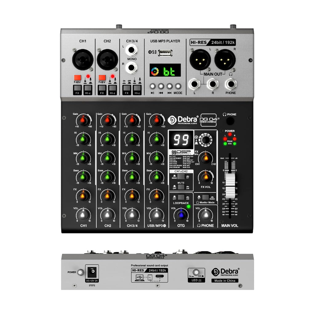 Debra Pro Audio Mixer Sound Card, 2-In/2-Out 24-Bit/192kHz Hi-Res Recording, 4-Channel Mixer with DSP Reverb, BT 5.0, USB-C OTG for iPhone, PC, Mac & Smartphones