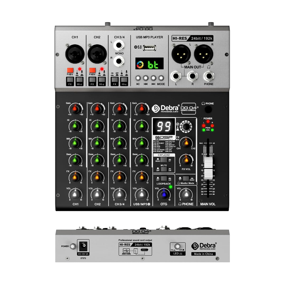Debra Pro Audio Mixer Sound Card, 2-In/2-Out 24-Bit/192kHz Hi-Res Recording, 4-Channel Mixer with DSP Reverb, BT 5.0, USB-C OTG for iPhone, PC, Mac & Smartphones