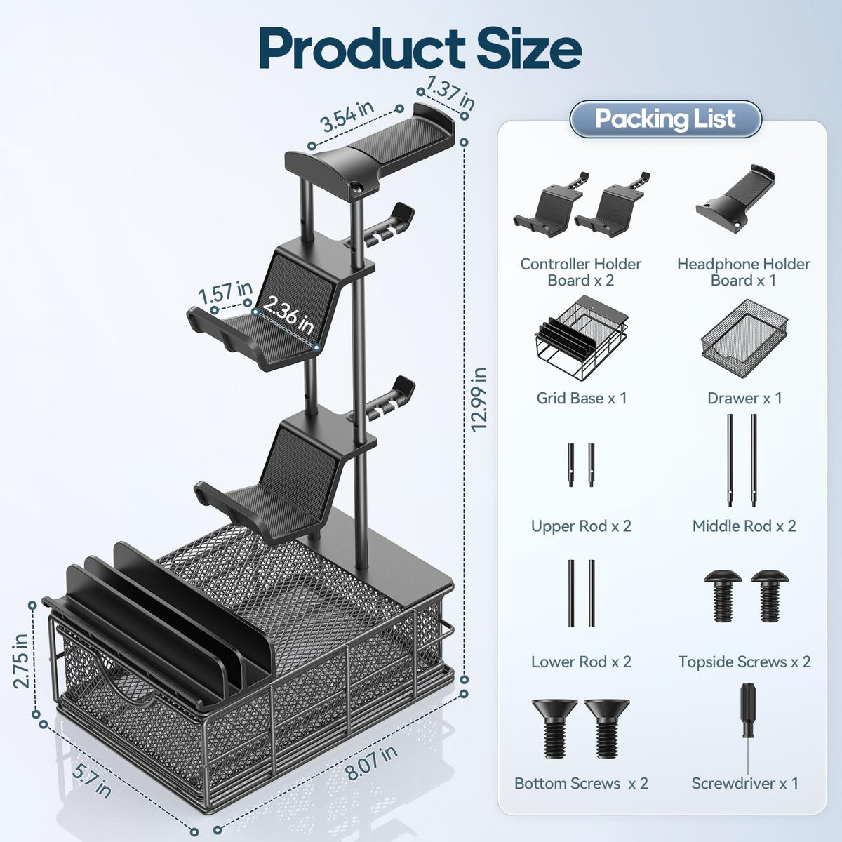 Aluminum Headphone & Controller Stand with Storage Drawer