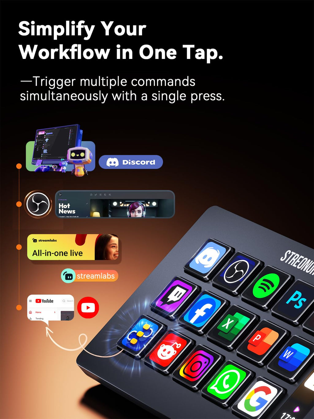 15-Key LCD Stream Controller Studio Control Deck - Black