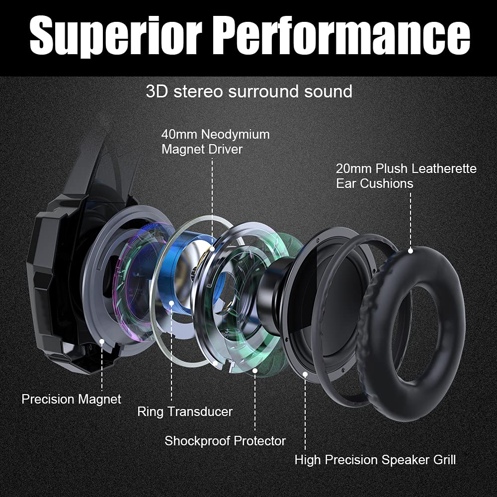 BENGOO G9000 Stereo Gaming Headset for PS4 PC Xbox One PS5 Controller, Noise Cancelling Over Ear Headphones with Mic, LED Light, 7.1 Surround Sound, Soft Memory Earmuffs